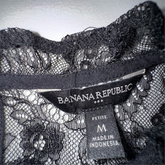 Banana Republic Blouse Womens M Petite Black Sheer Floral Lace High Neck Goth - Picture 8 of 12